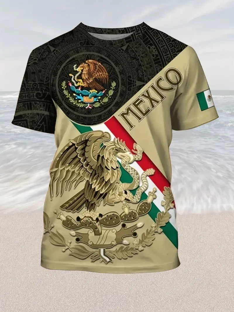 Mexico Eagle And Snake Print, Men's Graphic T-shirt, Casual Comfy Tees For Summer, Mens Clothing