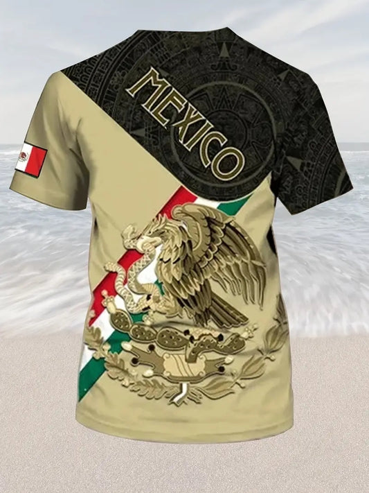 Mexico Eagle And Snake Print, Men's Graphic T-shirt, Casual Comfy Tees For Summer, Mens Clothing