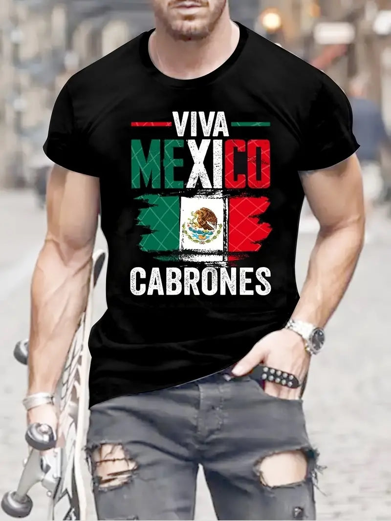 VIVA MEXICO Print, Men's Graphic T-shirt, Casual Comfy Tees For Summer, Mens Clothing